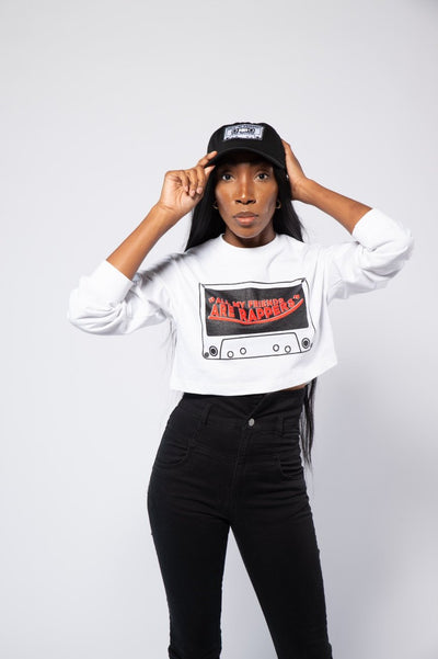Woman wearing All My Friends Are Rappers White long sleeve classic crop top 