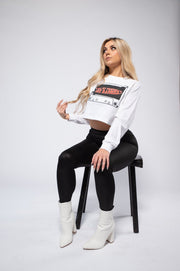 Woman wearing All My Friends Are Rappers White long sleeve classic crop top 